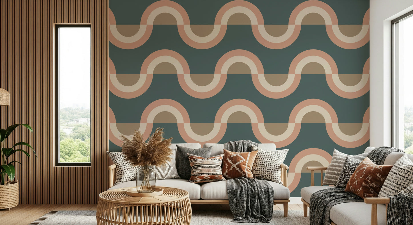 An artistic arrangement of geometric shapes on the Modern Retro Arcs Decor Wallpaper.