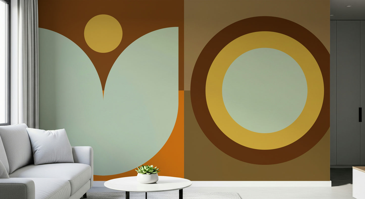 Detailed sunburst and crescent pattern on boho wallpaper for walls.

