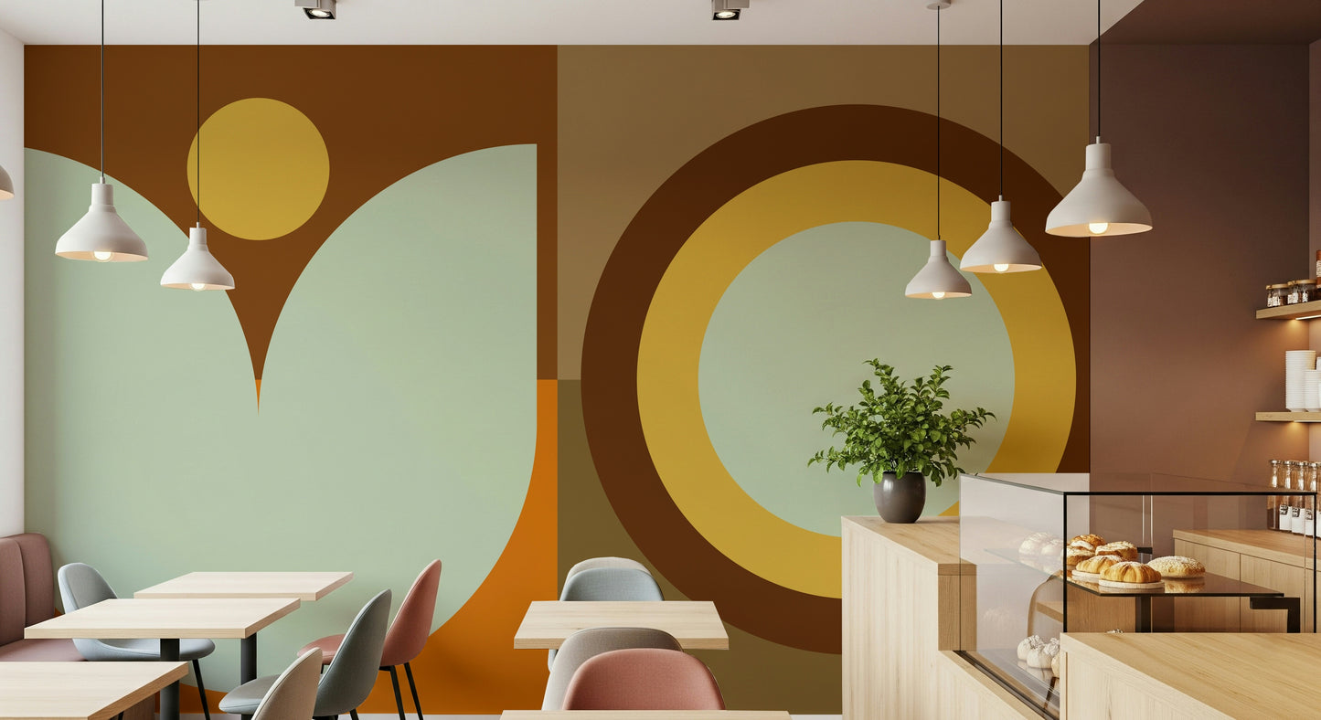 Boho chic bedroom with pastel sun and moon peel and stick wallpaper.

