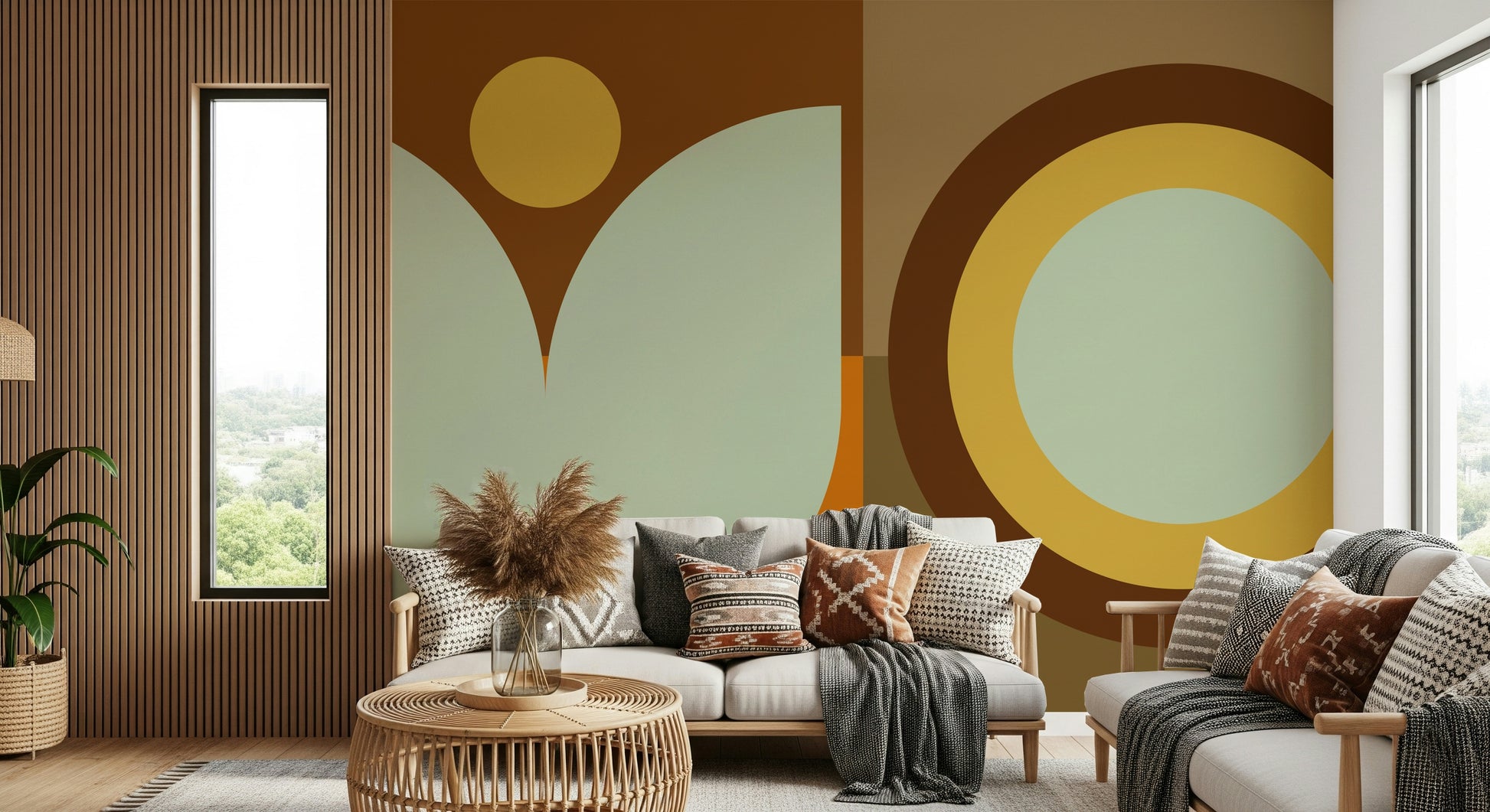 Entryway featuring boho motif removable mural with suns, moons, and stars.

