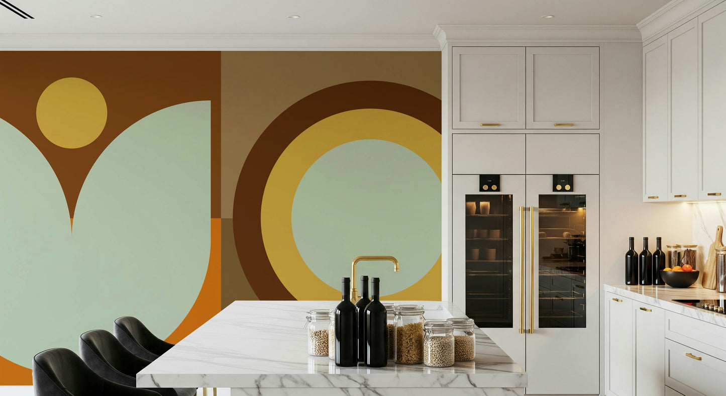 Nursery with whimsical sun and moon peel and stick mural above crib.

