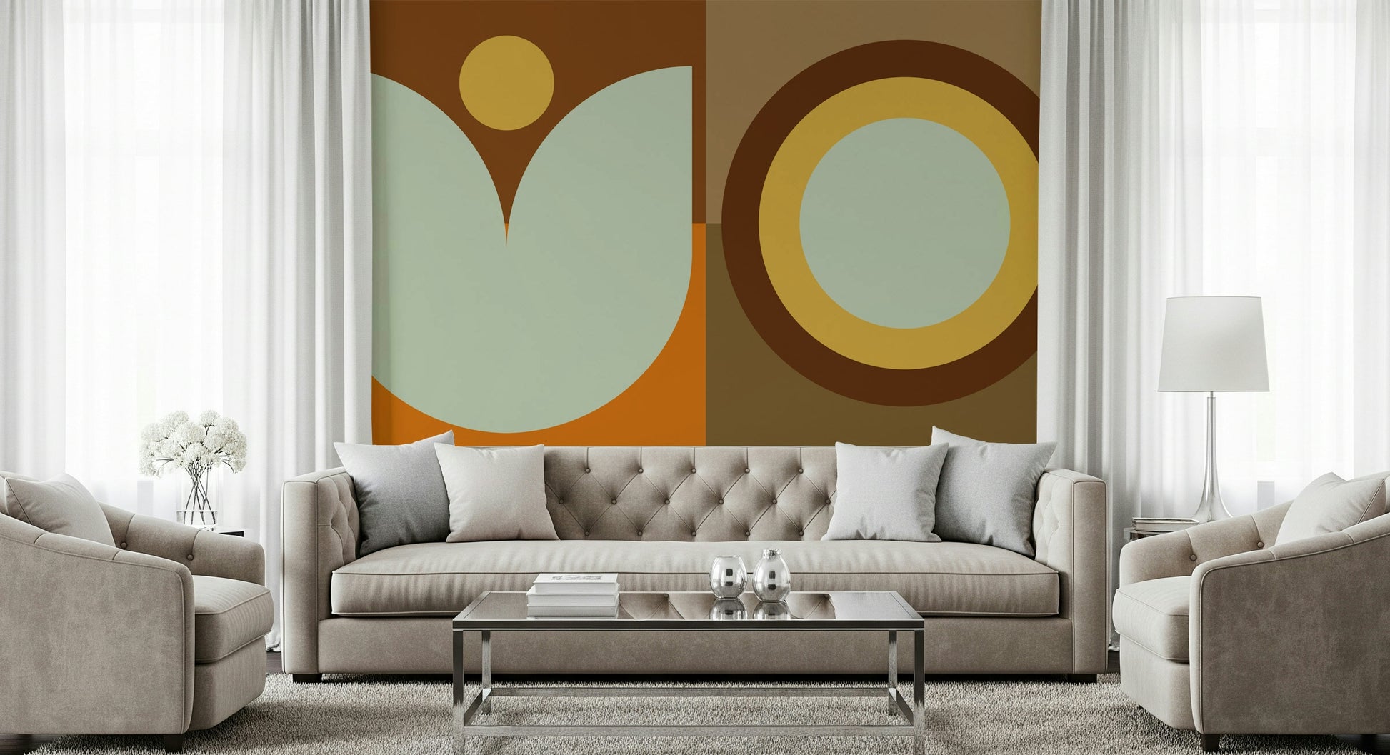 Dining room accent wall with large sun and moon mural.

