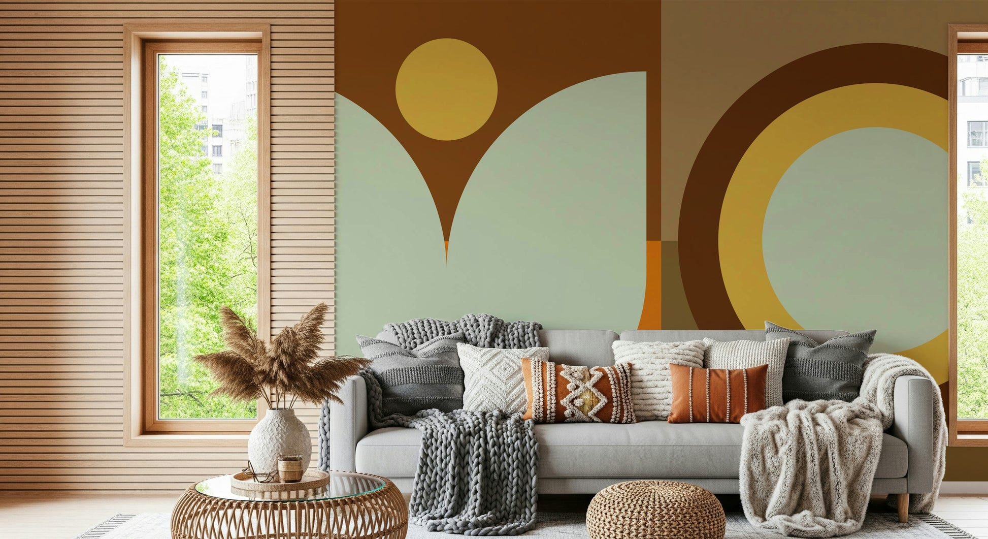 Minimalist lounge with celestial-inspired adhesive wallpaper for walls.

