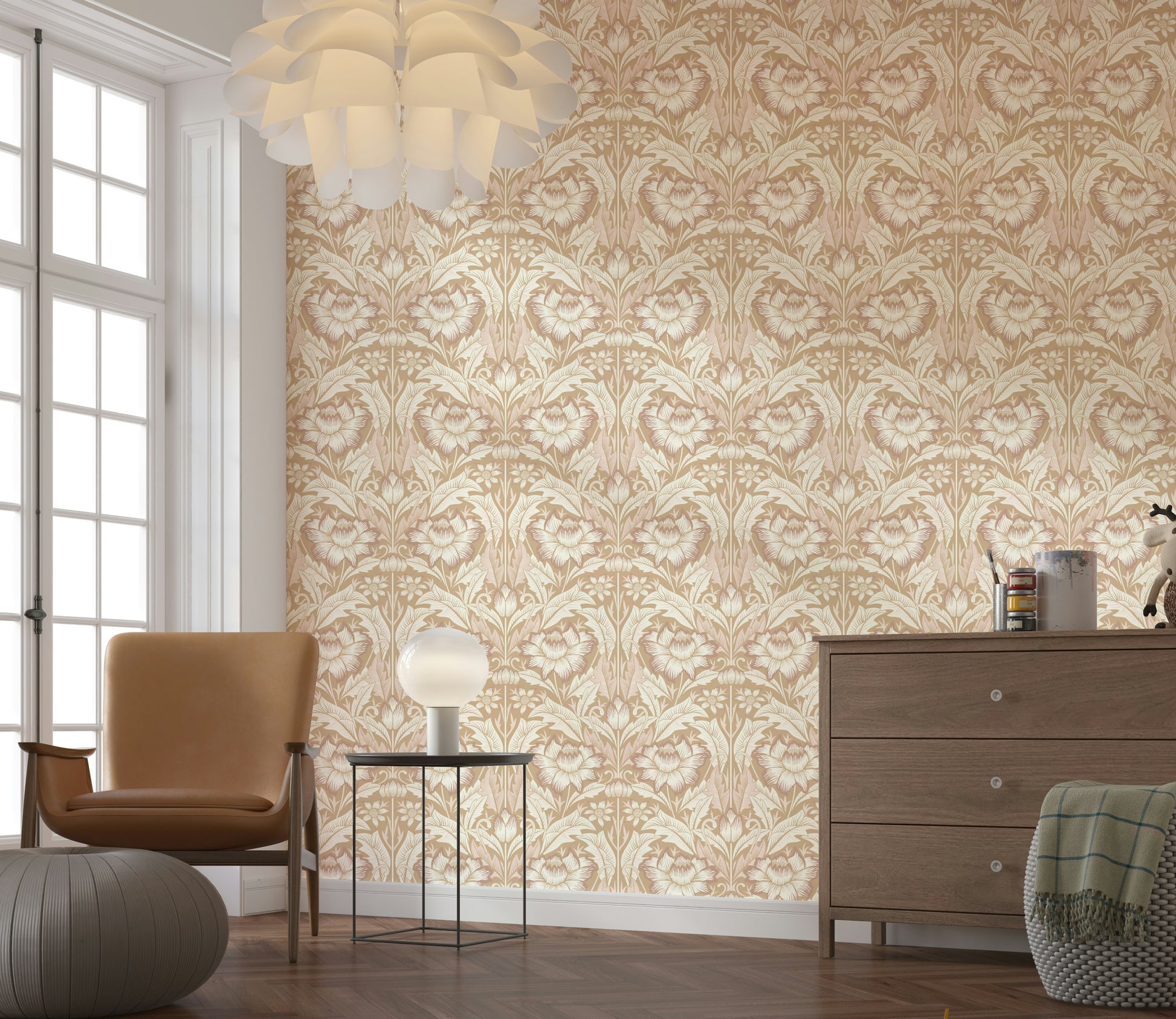 Sunlit bedroom with sand beige peel and stick wallpaper as a feature wall.

