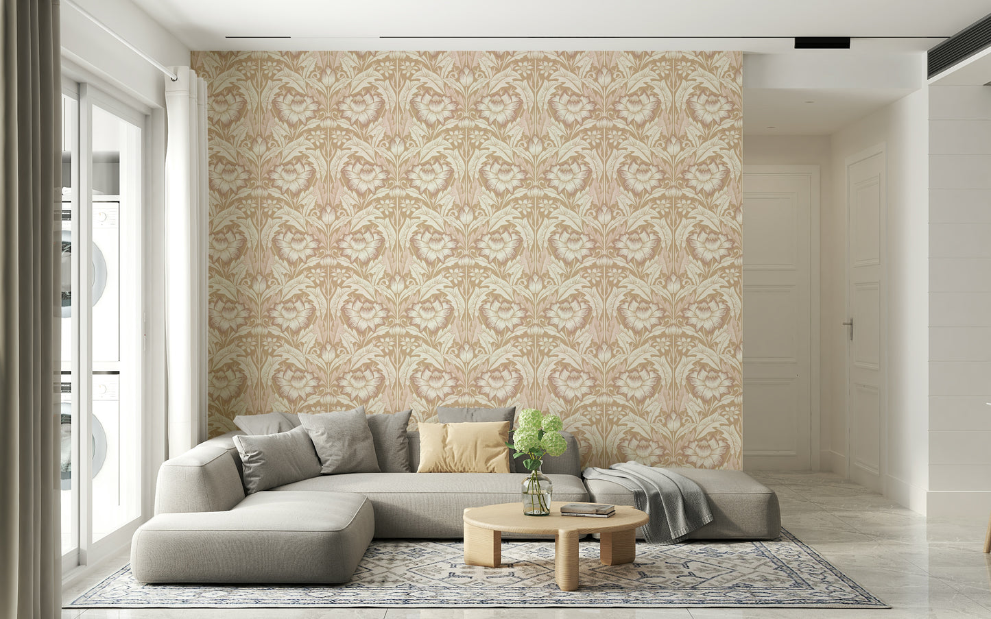 Vintage-inspired beige wallpaper for walls with ornate tropical leaves.

