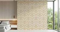 Minimalist entryway with sand beige wallpaper for walls and wooden décor.

