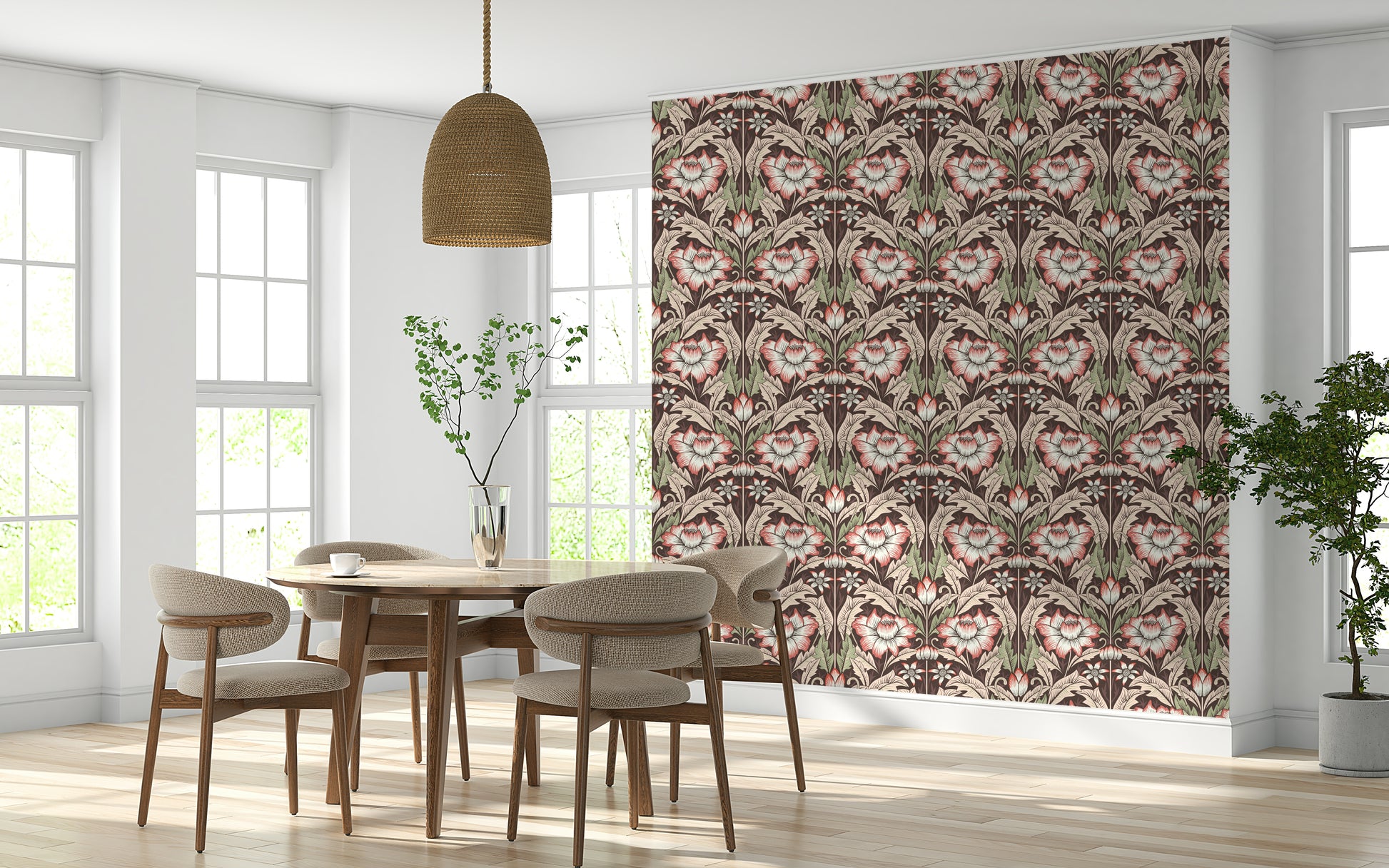 An artistic composition of scrolling leaves on the Rustic Red Wallpaper.