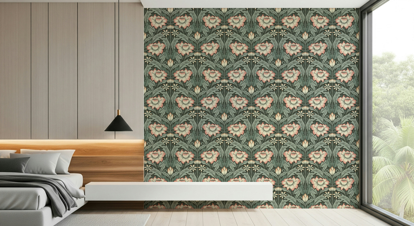 Forest Green Wallpaper dark botanical pattern featured in a stylish bedroom.