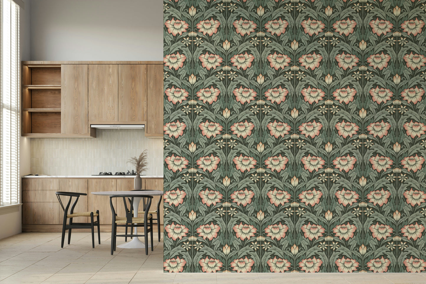 Intricate flower detail in the moody Forest Green Wallpaper repeat pattern.