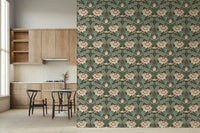 Intricate flower detail in the moody Forest Green Wallpaper repeat pattern.