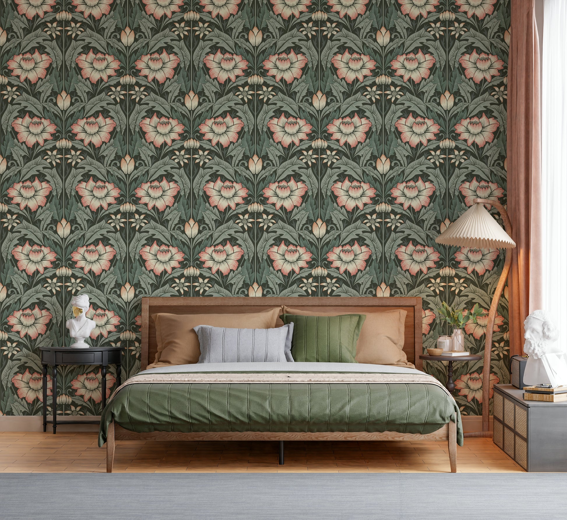 An artistic composition of scrolling foliage on the Forest Green Wallpaper.