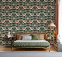An artistic composition of scrolling foliage on the Forest Green Wallpaper.