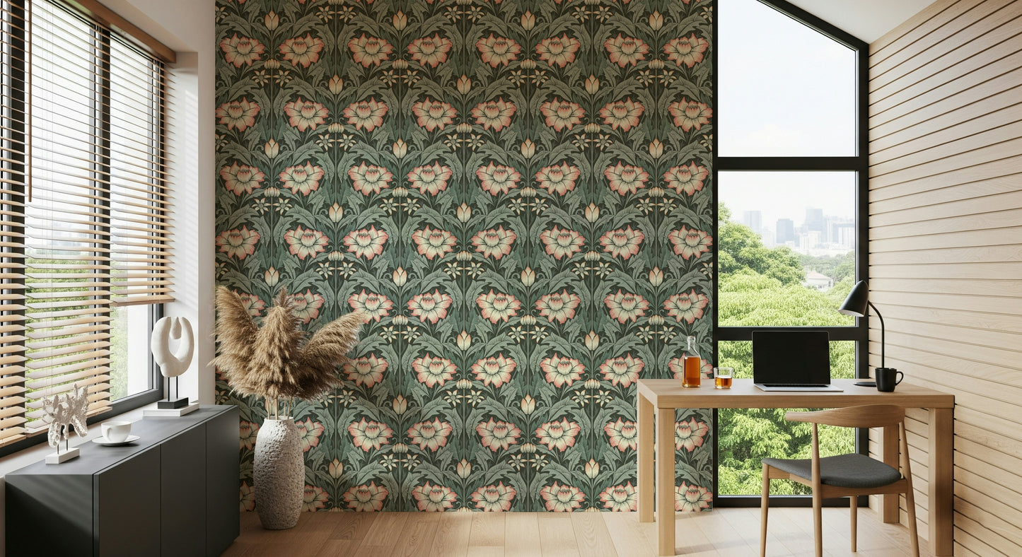Design layout of the beautiful Forest Green Wallpaper enhances a dining area.