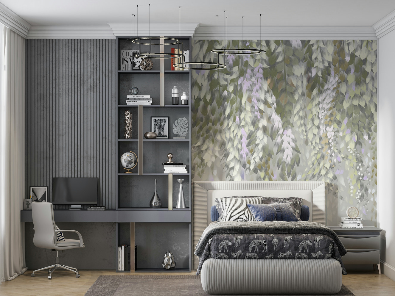 Falling Leaves Serenity Wall Mural creating a restful atmosphere in a bedroom.