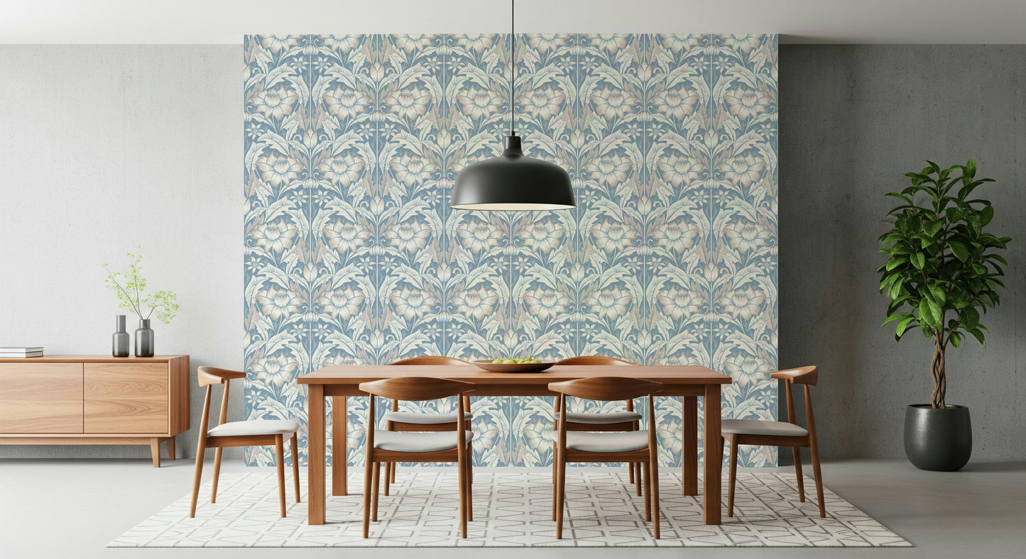 Light accentuating the graceful leaves of the Mist Blue Wallpaper texture.