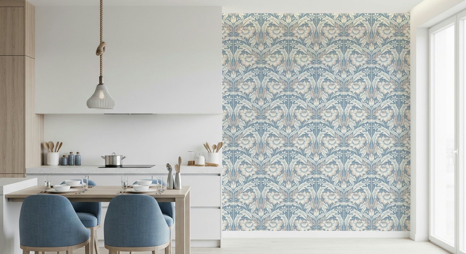Soft blue and white blooms of the Mist Blue Wallpaper covering a space.