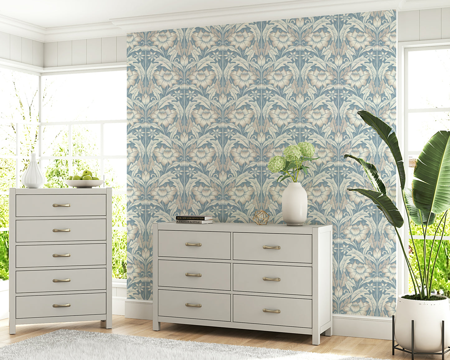 Intricate flower detail in the serene Mist Blue Wallpaper repeat pattern.