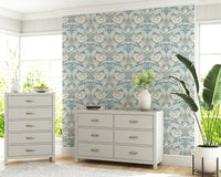 Intricate flower detail in the serene Mist Blue Wallpaper repeat pattern.