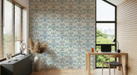 Mist Blue Wallpaper elegant floral pattern featured in a stylish bedroom.