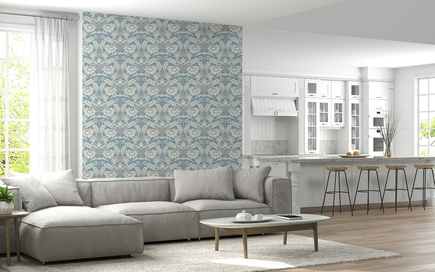 An artistic composition of botanical vines on the Mist Blue Wallpaper.