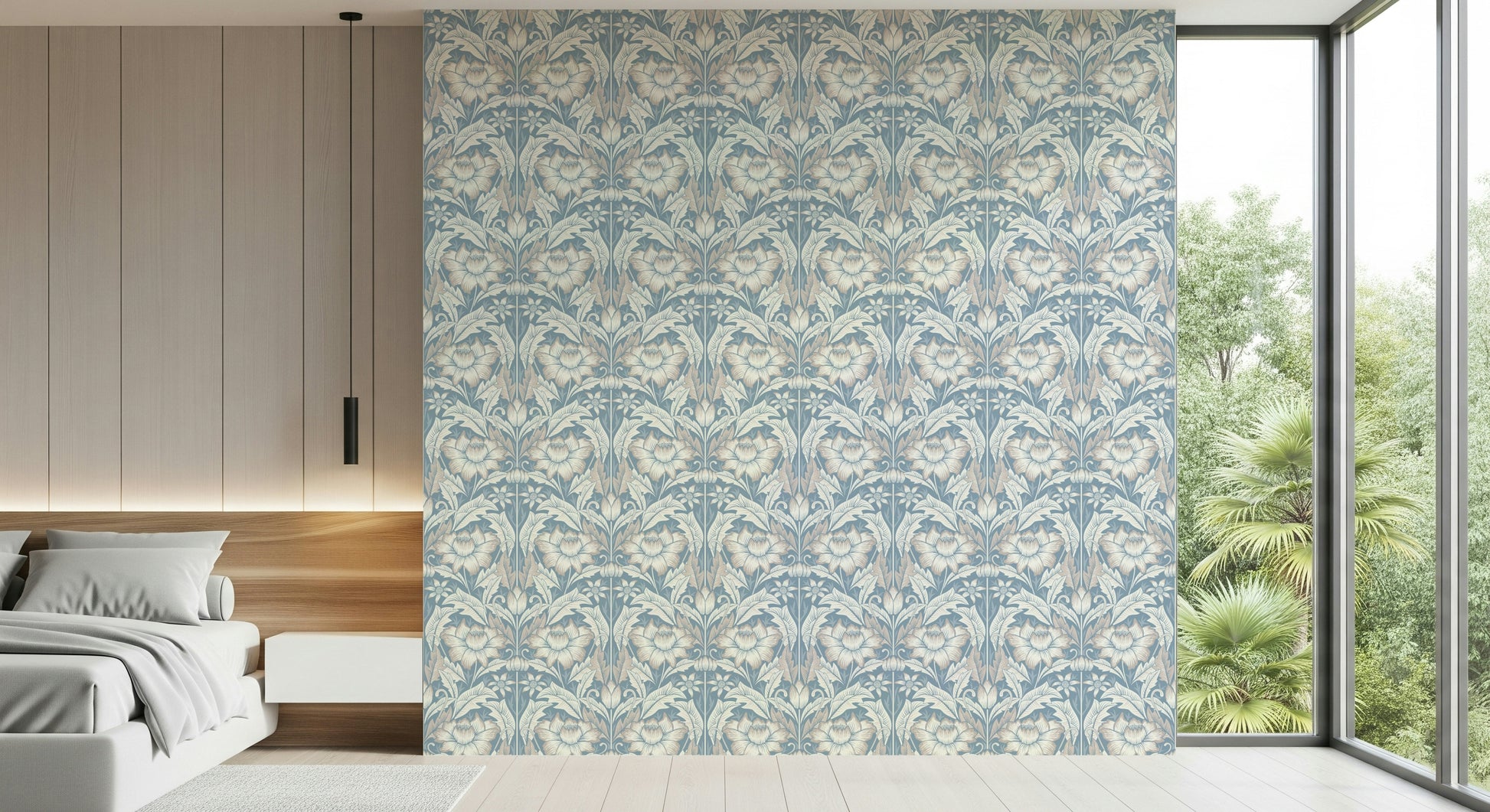 Traditional styled space showcasing the simple peel and stick Mist Blue Wallpaper.