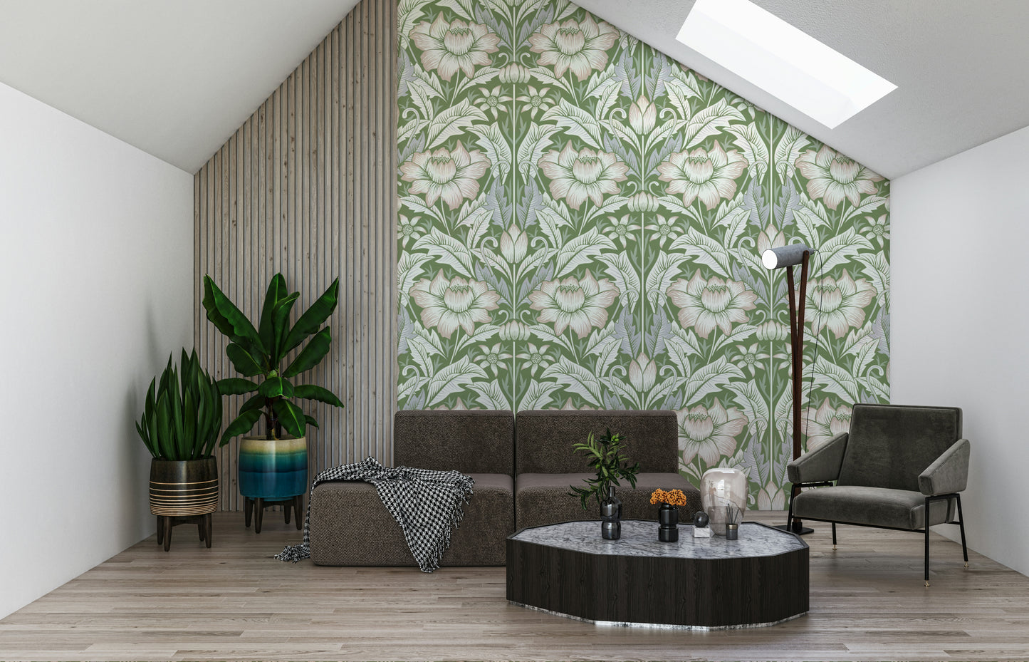 An artistic pattern of blooming flowers on the Timeless Garden – Sage Green Wallpaper.