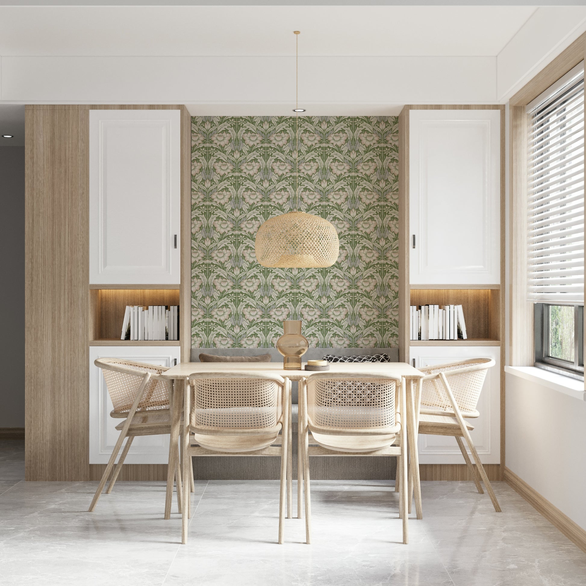 Classic dining room adorned with the elegant Timeless Garden – Sage Green Wallpaper.
