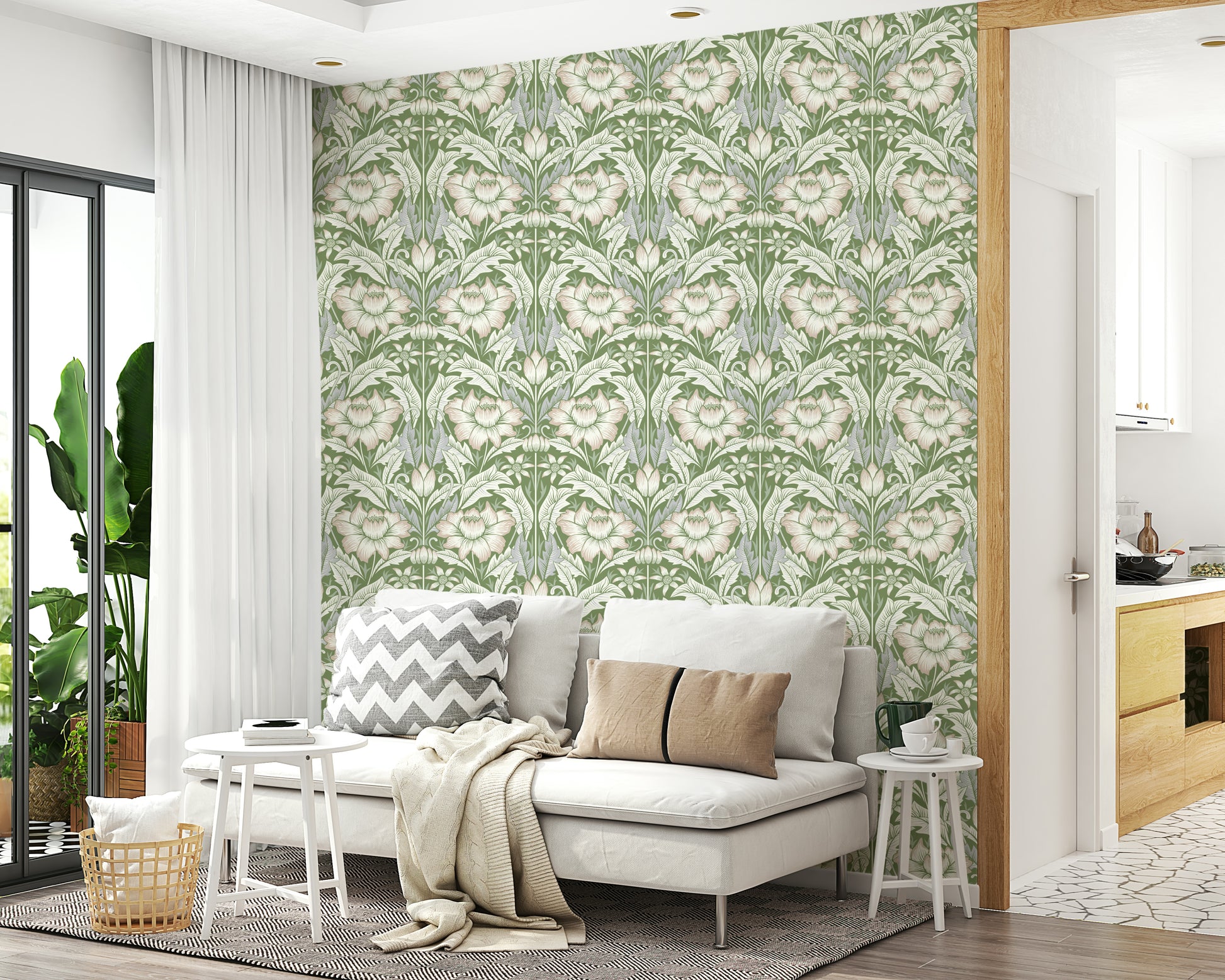 Art wallpaper mural called Timeless Garden provides a serene backdrop.