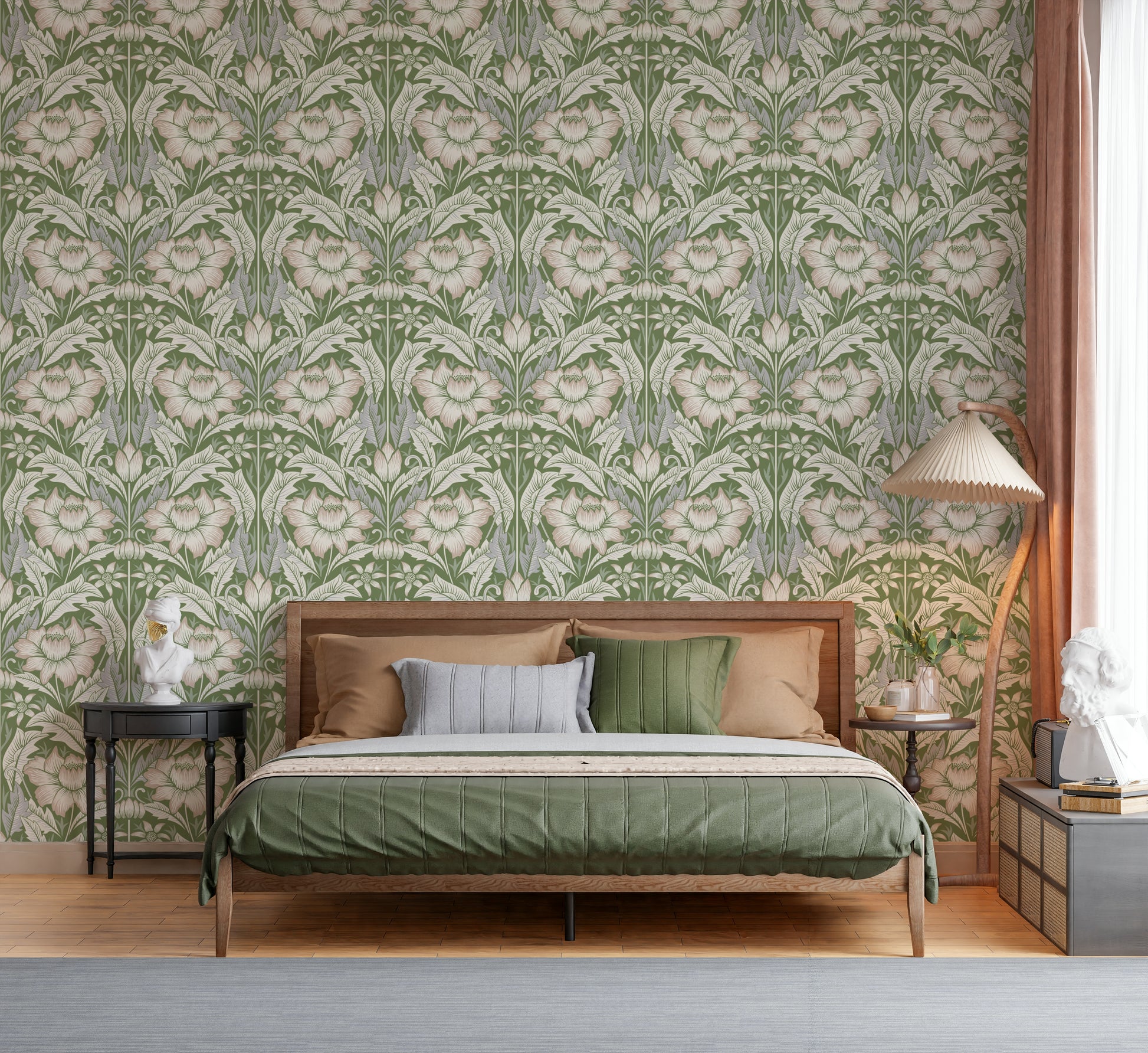 Traditional styled space showcasing the simple peel and stick Timeless Garden – Sage Green Wallpaper.