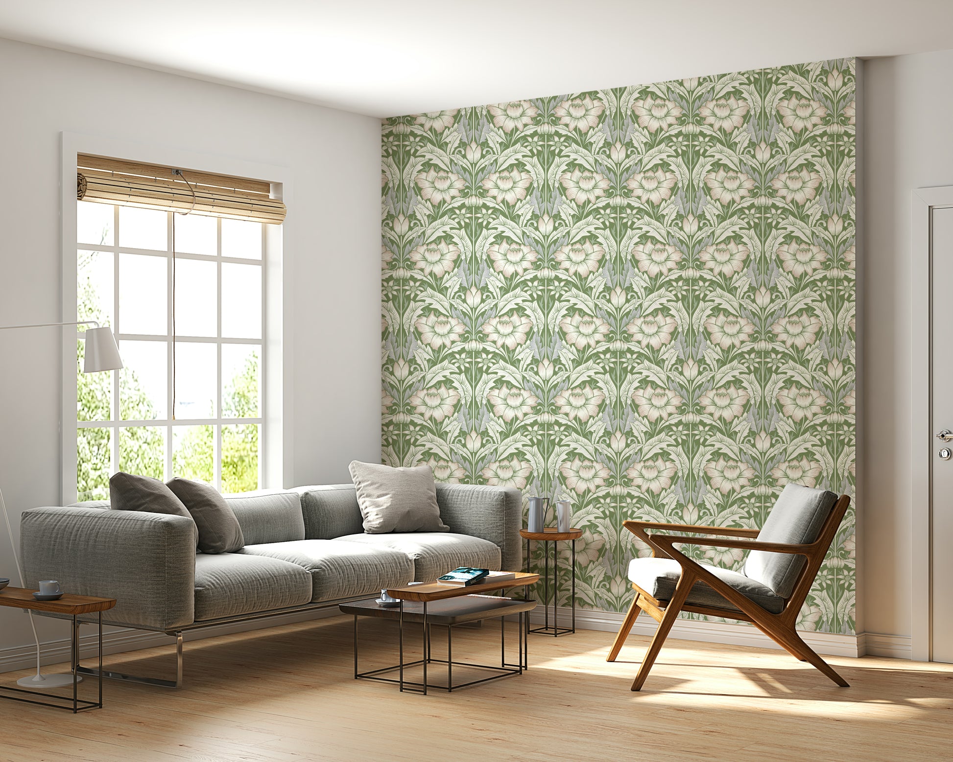 Light accentuating the graceful lines of the Timeless Garden – Sage Green Wallpaper.