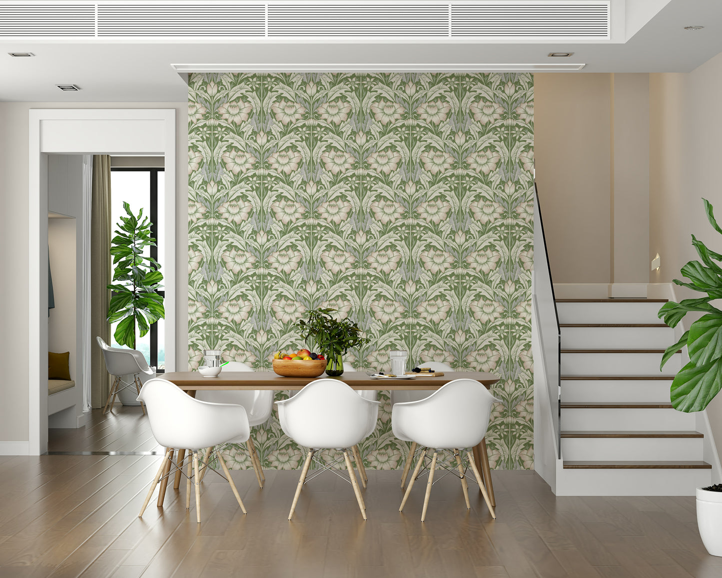 Intricate petal design in the soft green Sage Green Wallpaper.
