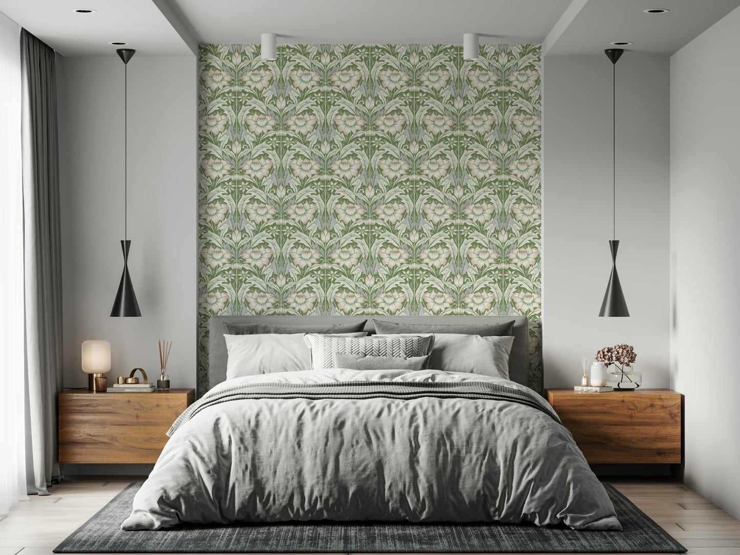 Design layout of the beautiful Sage Green Wallpaper enhances a study.