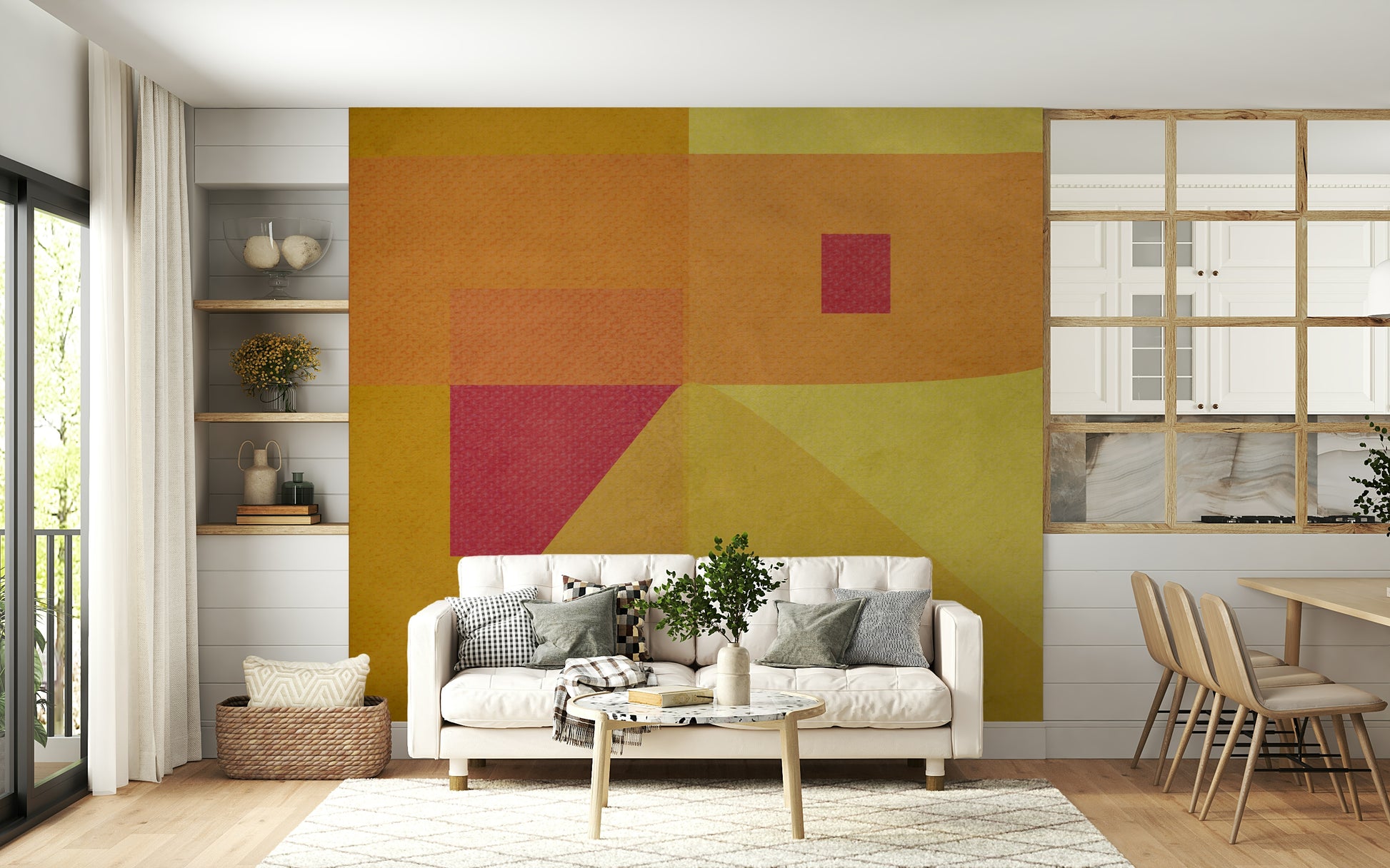 Design layout of the beautiful Abstract Study in Yellow Wall Mural energizes a foyer.