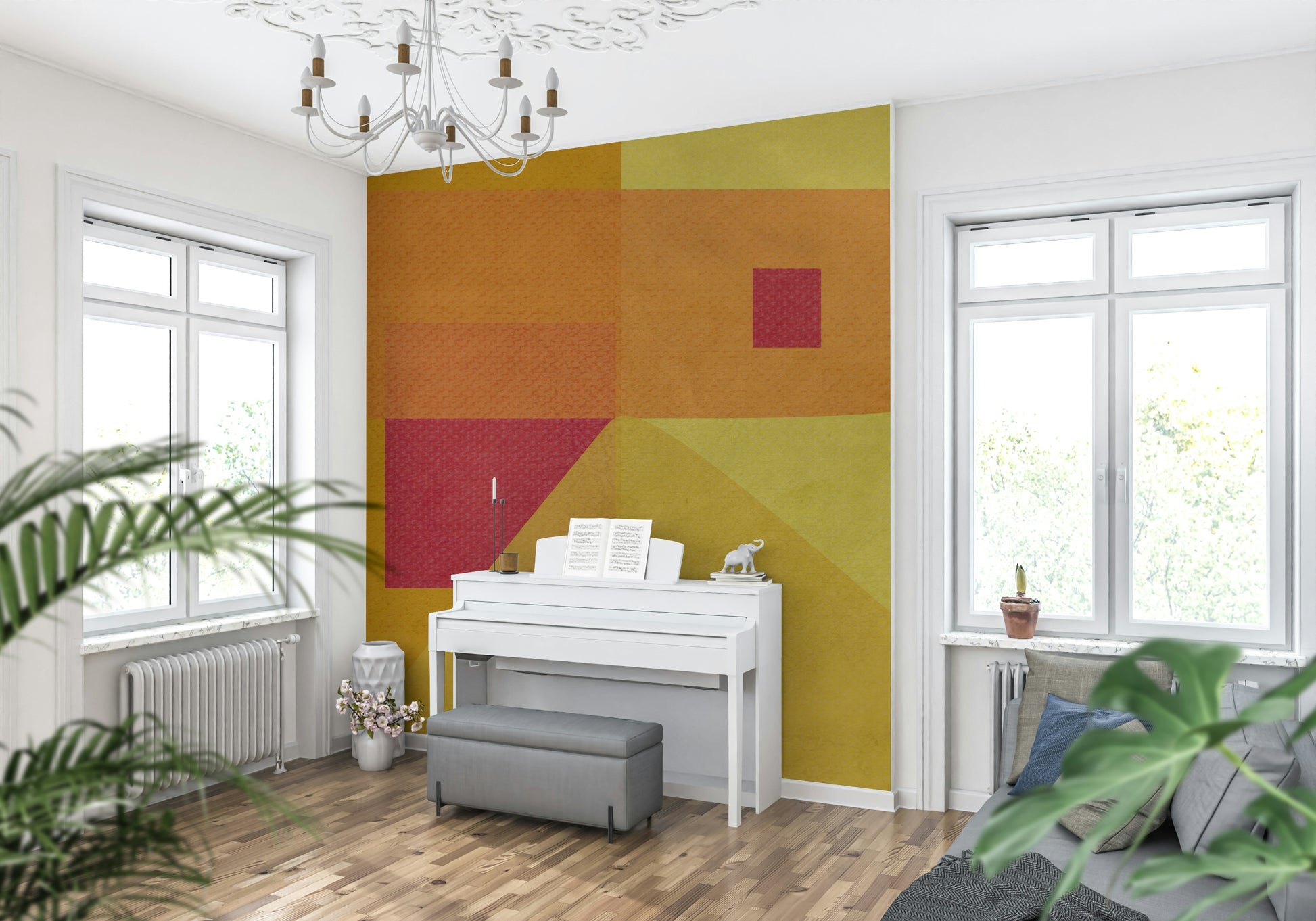 Abstract Study in Yellow Wall Mural adding warmth to a modern kitchen.