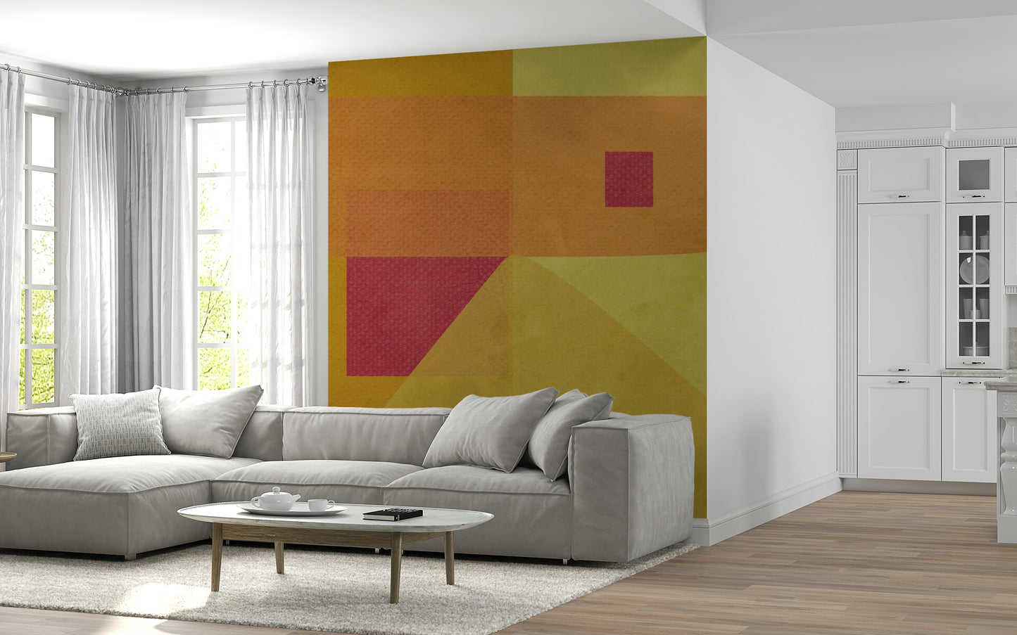 Sunlight emphasizing the rich texture of the Abstract Study in Yellow Wall Mural.