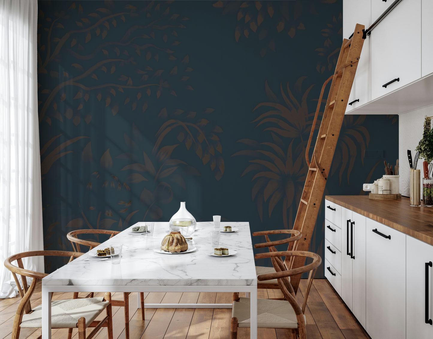 Twilight Canopy peel and stick wallpaper in a master bedroom.