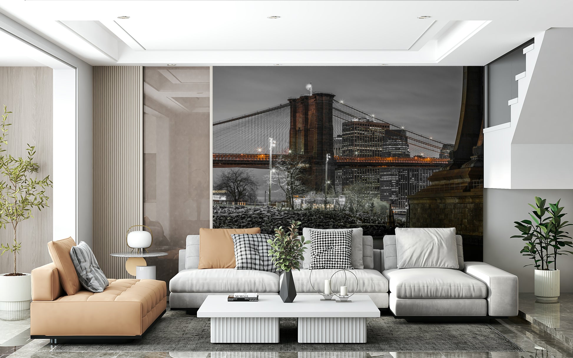 Bold media room, Brooklyn Bridge Nights Wall Mural.