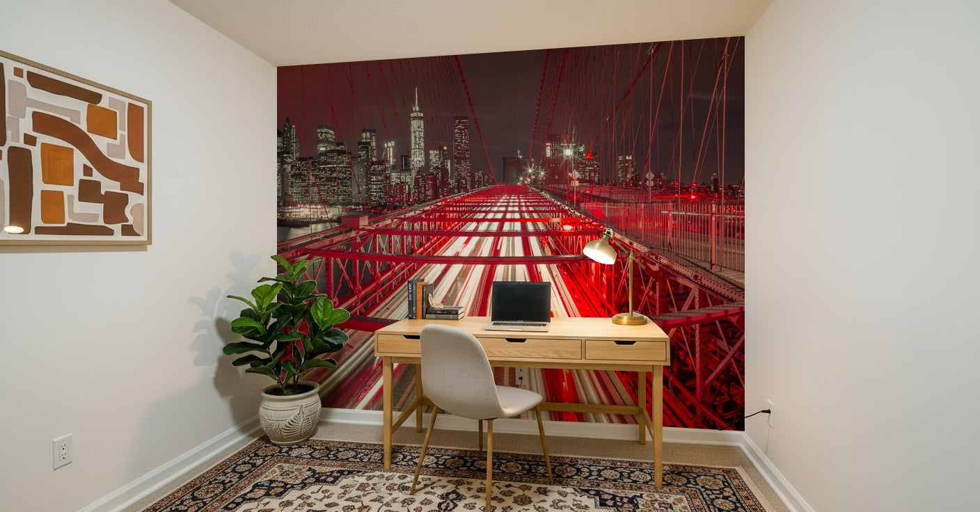 Wide room perspective featuring the dynamic Crimson City Lights Wall Mural.