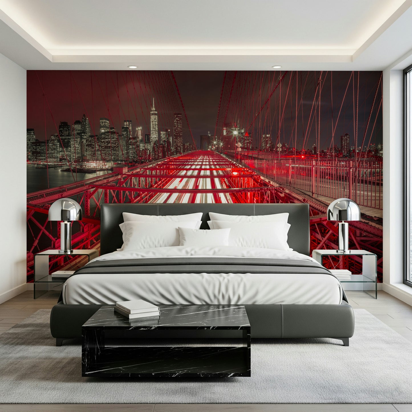 Crimson City Lights Wall Mural creating a striking, expressive feature wall.