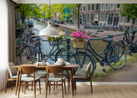 Vintage bicycle wheels element on the Amsterdam Blooms on Wheels Wall Mural.