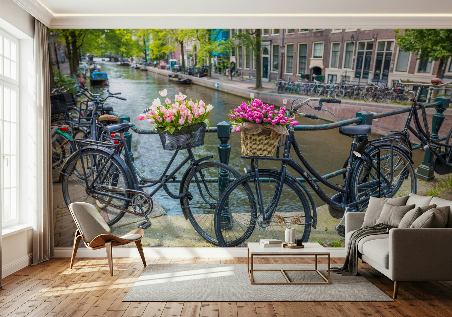 Artistic bedroom backdrop with Amsterdam Blooms on Wheels Wall Mural.