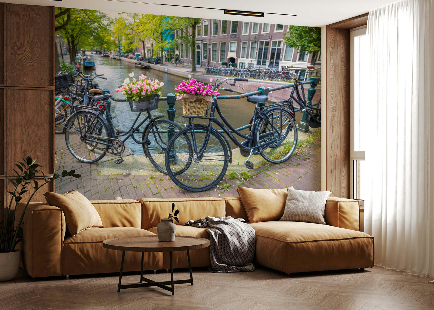 Floral accents and wheels shown in Amsterdam Blooms on Wheels Wall Mural.