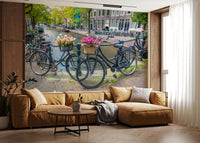 Floral accents and wheels shown in Amsterdam Blooms on Wheels Wall Mural.