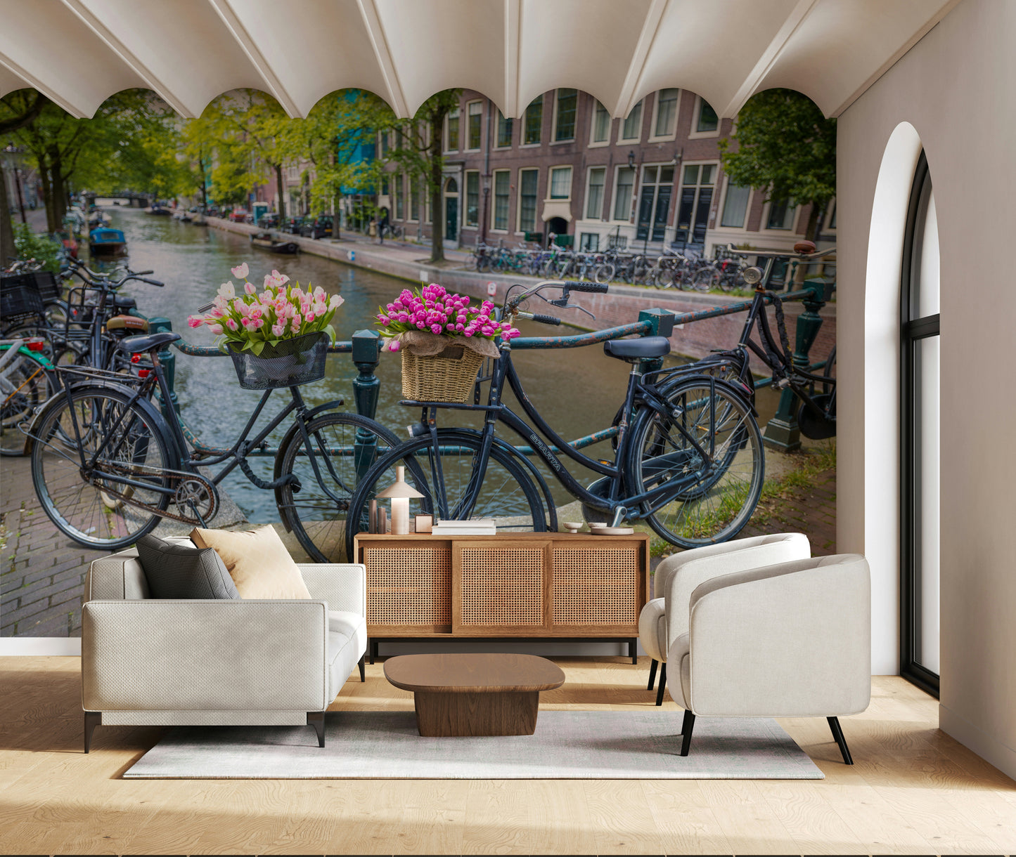 Distant canal view on Amsterdam Blooms on Wheels Wall Mural print.