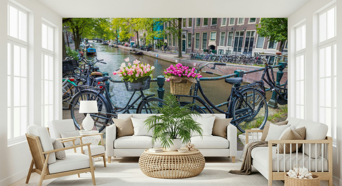 Bright living room showing the Amsterdam Blooms on Wheels Wall Mural.