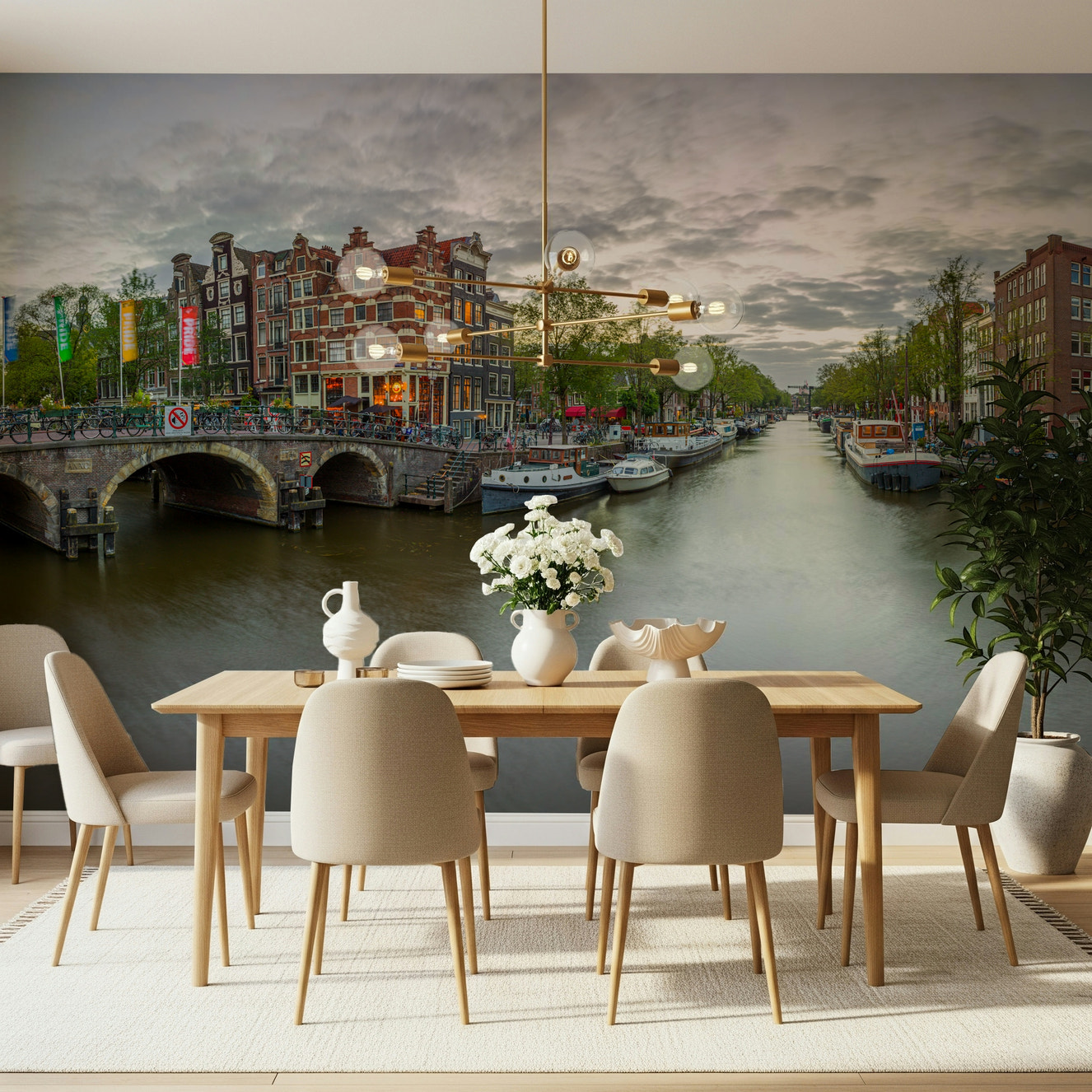 Amsterdam Canal Charm Wall Mural in an open concept living room.