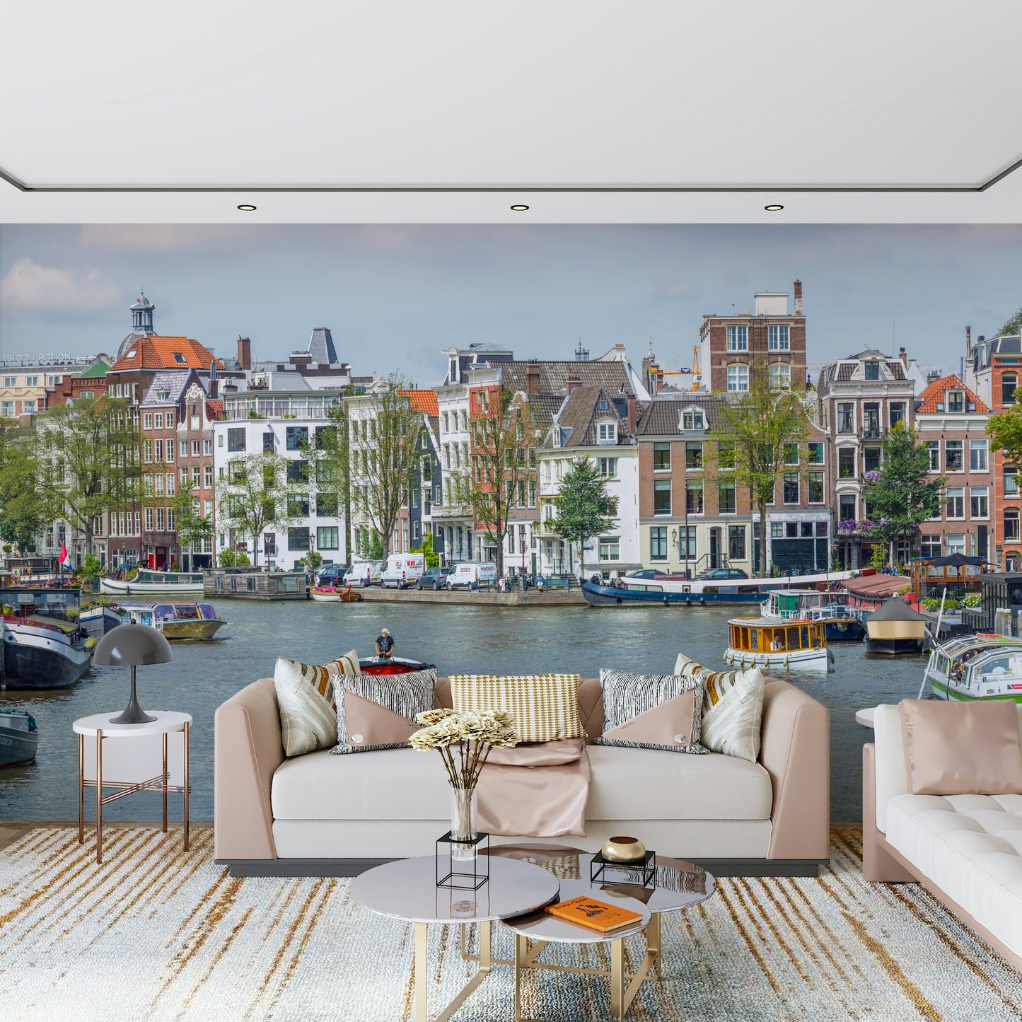 Calm water reflection on Dutch Waterway Charm Wall Mural design.