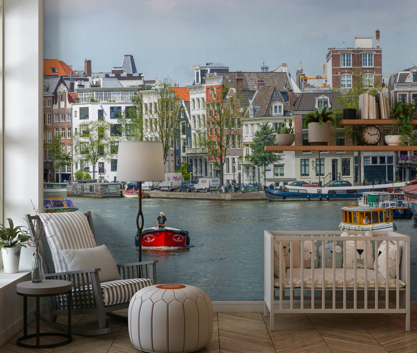 Scenic boat detail on Dutch Waterway Charm Wall Mural.
