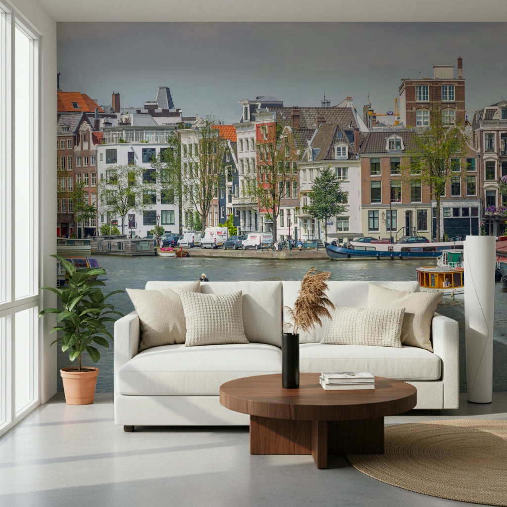 Bedroom backdrop with Dutch Waterway Charm Wall Mural.
