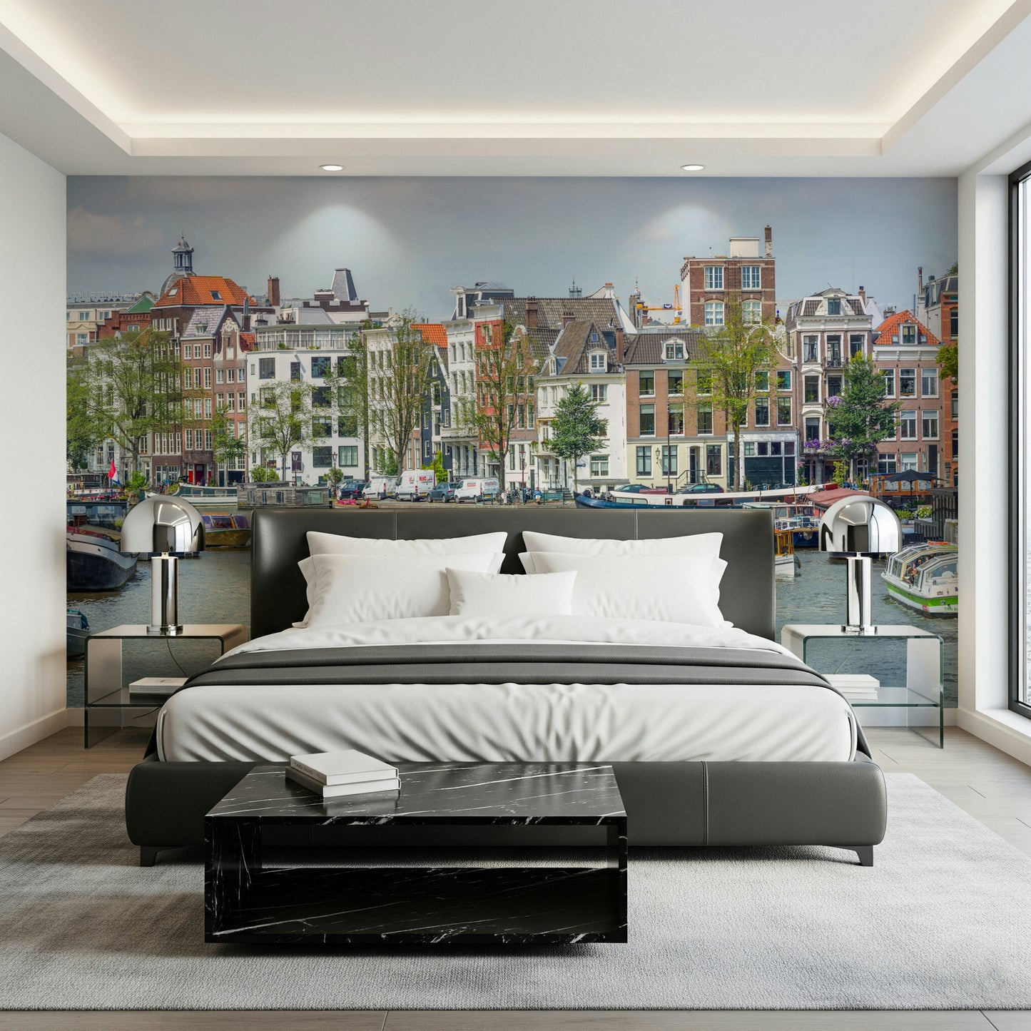 Elegant dining space featuring Dutch Waterway Charm Wall Mural.